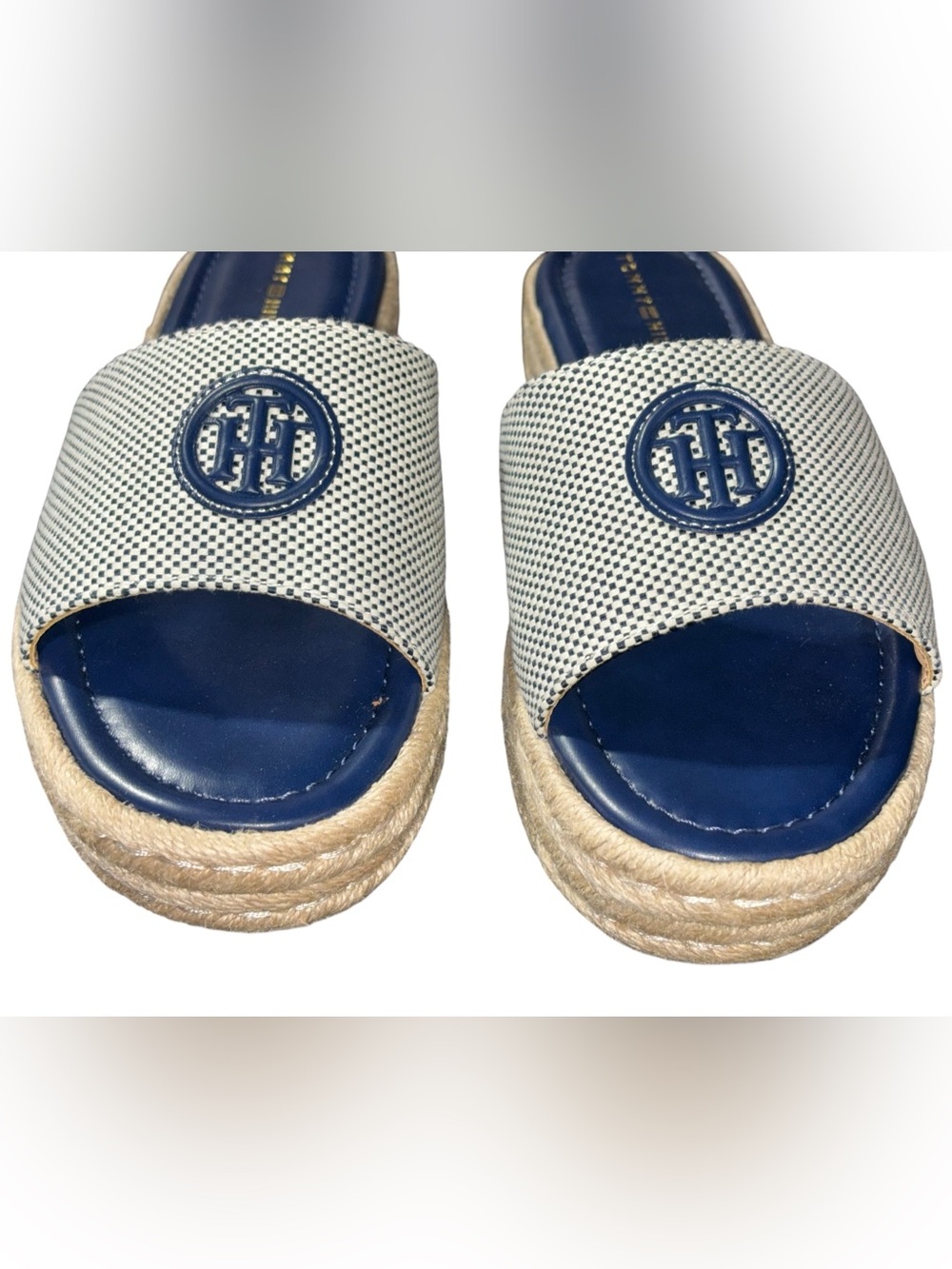 Tommy Hilfiger Navy & White Espadrille Slide Wedges